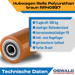 Hubwagenrolle Polyurethan braun 80 x 90 mm, Achse 20 mm inkl. Kugellager - Ersatzrolle