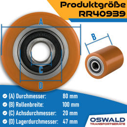 Hubwagenrolle Polyurethan braun 80 x 100 mm, Achse 12 mm inkl. Kugellager - Ersatzrolle