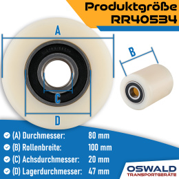 Hubwagen Rolle Polyamid Nylon 80 x 100 mm, Achse 20 mm inkl. Kugellager - Ersatzrolle